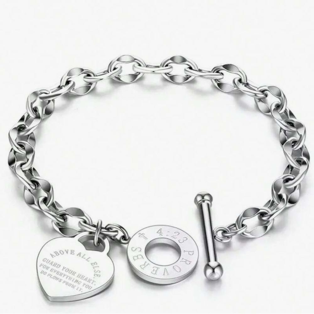 Silver Stainless Steel Chain Links Heart Charm Bracelet